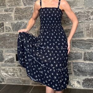 Hollister Navy Blue Floral Maxi Dress w/Soft, Stretchy Fabric & Smocked Top (S)